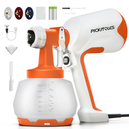 PICKITOLES Paint Sprayer,HVLP Paint Sprayer,Electric Spray Gun with 3 Patterns & 1400ML,for Latex Paint,Stain,Furniture,Cabinet,Wall,House Painting,Garden & DIY,Complete Cleaning Kit,Orange
