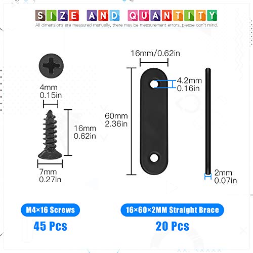 Glarks 20 Sets 60mm Flat Straight Corner Brace Black Metal Joint Plate Connector Repair Fixing Bracket with 45Pcs Screws for Wood Furniture (60x2mm) - size: 60x2mm
