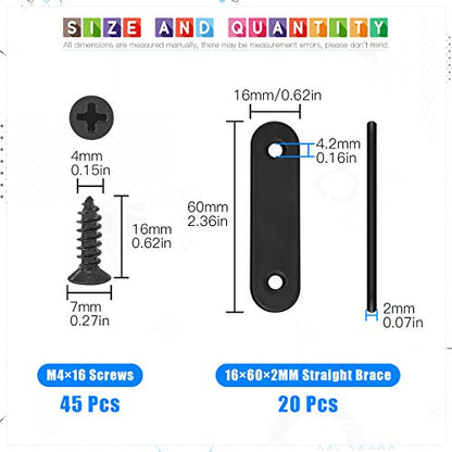 Glarks 20 Sets 60mm Flat Straight Corner Brace Black Metal Joint Plate Connector Repair Fixing Bracket with 45Pcs Screws for Wood Furniture (60x2mm) - size: 60x2mm