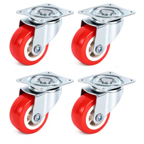 2.5 Inch Caster Wheels Set of 4, 4 Swivel, Red PU, Plate Mount - size: 2.5 Inch