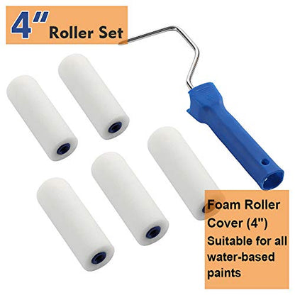 NANJA 4" Foam Paint Roller Kit Mini Roller with Tray, Frame & 12 Refills