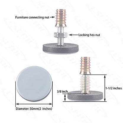 Furniture Leveler PTFE(Teflon) Bottom(50mm Large Base),Thread Shank(3/8-16) Adjust Pads,Table/Chair/Cabinet/Sofa Medium Adjustable Legs Leveling,Nuts Installation and Floor Protection(8 Pack) - size: 50mm Base 3/8-16 x 2", 8 Pack