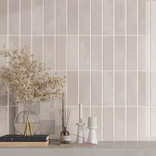 VaryPaper 10 Sheets Pale Pink Beige Peel and Stick Backsplash Subway Tile Stick on Backsplash for Kitchen Bathroom Waterproof Removable 3D Vinyl Back Splash Self Adhesive Wall Tiles 12''x12'' - color: Pale Pink Beige, size: 10 Sheets
