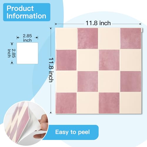 Art3d Grid Peel and Stick Backsplash, 10-Pack, 12" x 12", Pink & Warm White - color: Pink and Warm White