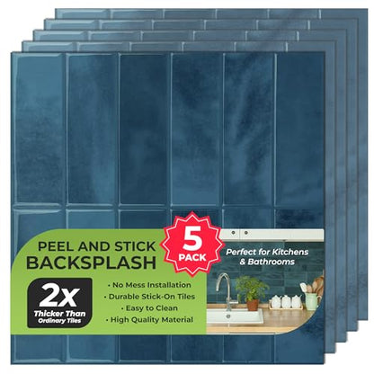 Select 5 Pack Peel and Stick Backsplash Square Tiles, 12x12 in, Blue - color: Blue, size: Rectangle Shape