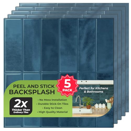 Select 5 Pack Peel and Stick Backsplash Square Tiles, 12x12 in, Blue - color: Blue, size: Rectangle Shape