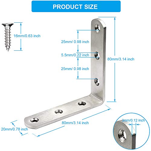 Stainless Steel Corner Bracket - 10 PCS Heavy Duty Right Angle Brackets for Wood Furniture and Metal Joints - 3 x 3 Inch - with Screw - size: 3 x 3 inch 10 pieces
