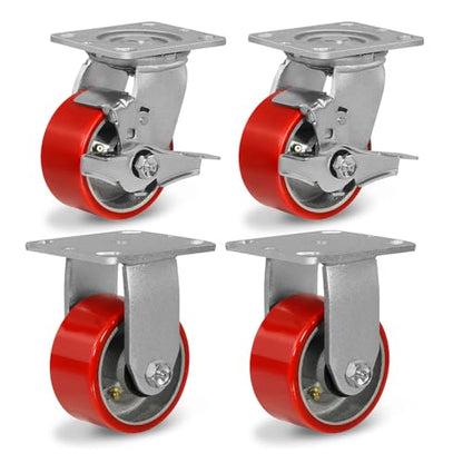 Caster Wheels Heavy Duty, 4'' Industrial Casters with Load 3200lbs Capacity, Polyurethane Swivel Casters Set of 4 (2 Brakes & Rigid) - style: 4'' Wheel