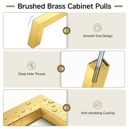 Estmoon 10 Pack 5 Inch Gold Cabinet Handles Brushed Brass Cabinet Pulls, Stainless Steel Kitchen Cabinet Handles Square Pulls for Cabinets and Drawers - 5" Hole Centers(128 mm) - color: Brushed Gold