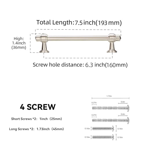 10 Pack 6-1/4 Inch(160mm) Kitchen Cabinet Handles Brushed Satin Nickel Cabinet Pulls Silvery Drawer Pulls Zinc Alloy Kitchen Hardware - color: Brushed Satin Nickel, size: 6-1/4'' Hole Center(160mm)