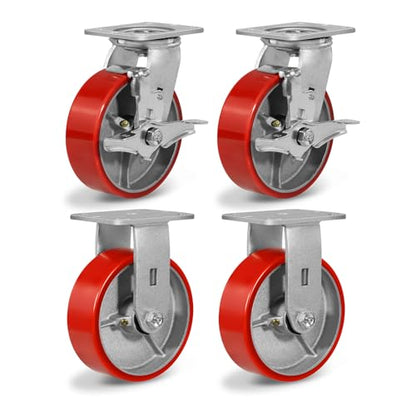 6" Casters Set of 4 Heavy Duty Industrial Caster Wheels with Load 4800lbs Capacity, Polyurethane Wheels for Workbench,Tool Box,Dolly(2 Brake & 2 Rigid) - style: 6'' Wheel