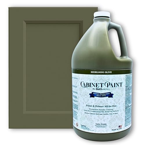 Bathworks Kitchen Cabinet Paint - Satin, Pro-Grade Formula by Refinishing Pros Since 1972, Low-VOC, Scrub Resistant, for Wood, Laminate & MDF Cabinets, Vanities, Furniture (Heirloom Olive, 1 Gallon) - color: Heirloom Olive, size: 128 Fl Oz (Pack of 1)