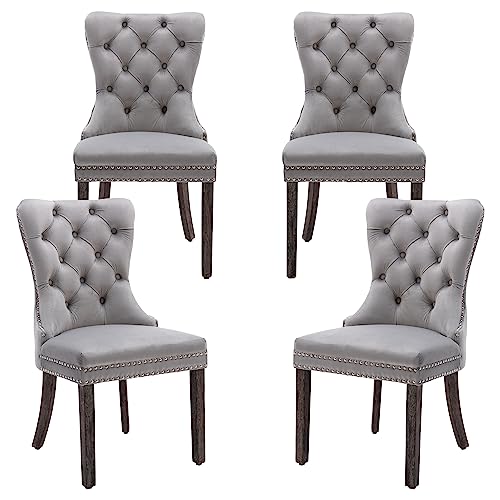 Light Grey Velvet Dining Chairs Set of 4, Elegant Tufted&Nailhead, Wood Leg - color: Light Grey, Wood Leg, size: set of 4