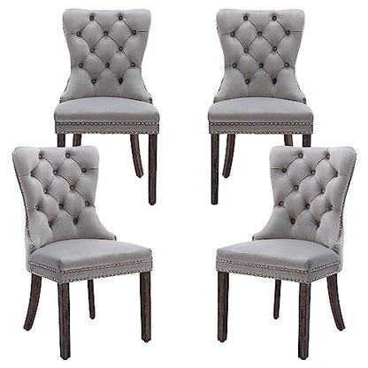 Light Grey Velvet Dining Chairs Set of 4, Elegant Tufted&Nailhead, Wood Leg - color: Light Grey, Wood Leg, size: set of 4