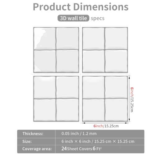 6X6 in Classic White Peel-Stick Tile,24 Sheets Backsplash Tiles - color: White