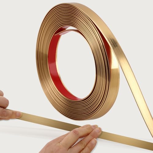 Brushed Gold Peel and Stick Wall & Molding Trim, Flexible DIY Strip for Mirror, Floor, Cabinet, Ceiling, Tile Edge (16.4 ft x 0.4 inch) - color: Brushed Gold, size: 16.4 ft x 0.4 inch