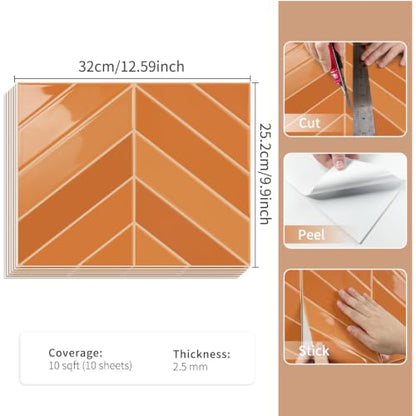 10 Sheets Thicker Herringbone Peel and Stick Backsplash(Orange,12.6”x9.9”) - color: Orange