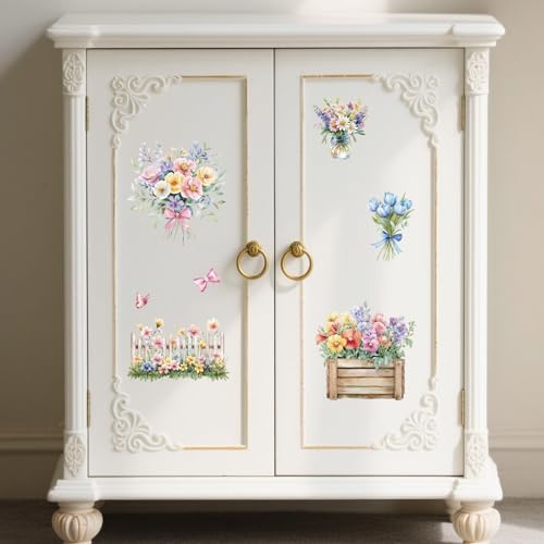 Peacoblue Vase Bouquet Rub On Transfers for Furniture 6"x12" - style: Vase Flower Pot and Bouquet
