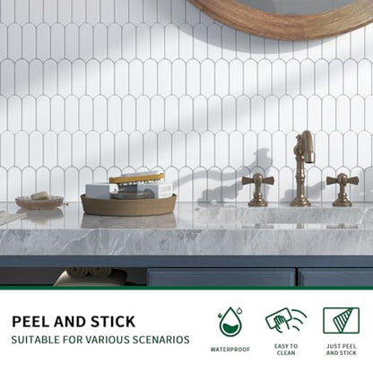 10 Sheet Peel and Stick Backsplash Tile for Kitchen, 12” x 12” Self Adhesive Glossy Vinyl Wall Subway Tiles Waterproof No Residual for Bathroom Fireplace, White with Gray Grout - color: White
