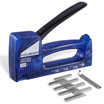 HAUSHOF Light Duty Staple Gun, Upholstery Staple Gun with 800PCS JT21 Staples and Stapler Remover, Fits JT21 Staple of 1/4'', 5/16'' & 3/8'', Used for Wood, Classroom, Crafts, DIY (Blue Transparent) - color: Blue Transparent