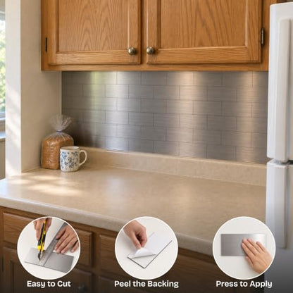 StyloVue 100 Pieces Peel and Stick Backsplash for Kitchen, 3" x 6" PVC Subway Tile Upgraded Brushed Stainless Backsplash Stick on Tile Elevate Kitchen, Bathroom, Fireplace,RV - color: Brushed Stainless