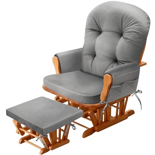 JZHLLA Glider Rocker Replacement Cushion Set with Storage Pockets Soft Flannel Fabric & High-Resilience Foam Non-Slip Back Rocking Chair Cushion for Living Room Rocking Chair(Grey) - color: Grey