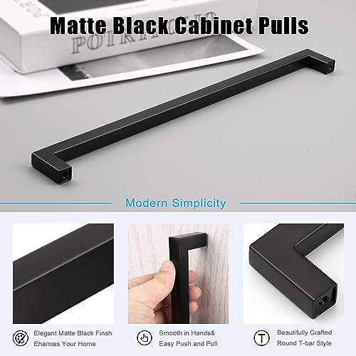 KNOBWELL 20 Pack| 10 inch Flat Black Kitchen Cabinet Handles 256mm Modern Square Cupboard Pulls Bathroom Cabinet Bedroom Vanity Dresser Drawer Handles - color: Matte Black, size: Hole Center:10 inch(256mm)