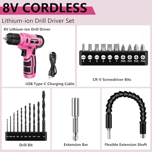 JENABOM 8V Pink Cordless Drill, 3/8" Keyless Chuck, Variable Speed - color: Pink