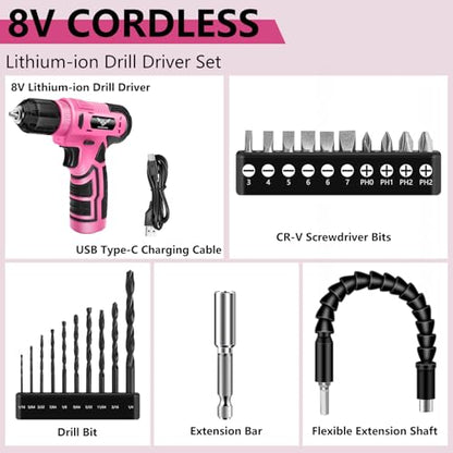 JENABOM 8V Pink Cordless Drill, 3/8" Keyless Chuck, Variable Speed - color: Pink