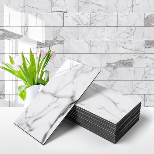 Vamos Tile 100-Piece Glossy Statury White Peel and Stick Backsplash Tile - color: Statury White with Dark Gray Grout
