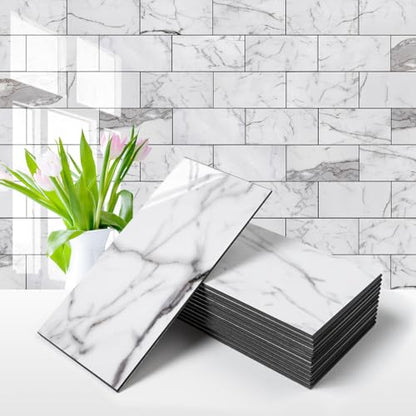 Vamos Tile 100-Piece Glossy Statury White Peel and Stick Backsplash Tile - color: Statury White with Dark Gray Grout