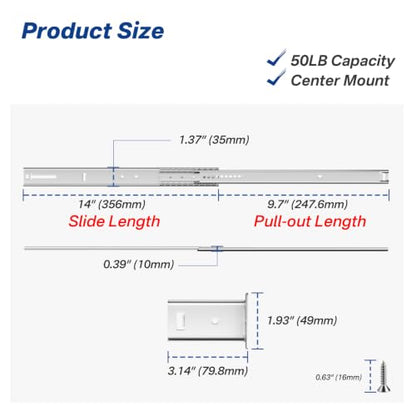 14 Inch Center Mount Drawer Slides 4 Pcs, Heavy Duty Hidden Rails - size: 14 Inch