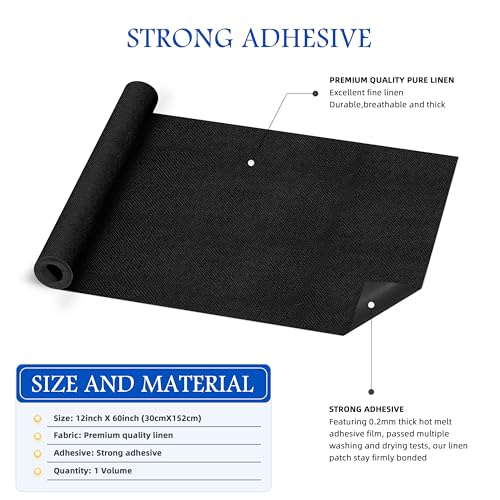 KING MOUNTAIN Linen Iron on Patch,12"×60",Couch Fabric Repair Patch,Used for Various Sofa,Seats, Pillow (Black) - color: Black, size: Linen-12x60