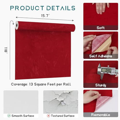 VEELIKE Ruby Red Crushed Velvet Drawer Liner for Dresser Jewelry Box Felt Liner 15.7''x118'' Self Adhesive Velvet Fabric Wallpaper Peel and Stick Red Contact Paper for Cabinets Art Crafts DIY Project - color: Ruby Red