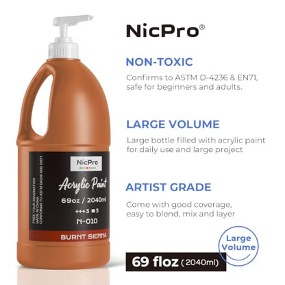 Nicpro Raw Sienna Large Acrylic Paint 69oz, Rich Pigment, Brown Craft Paint - color: Raw Sienna, size: 69 Fl Oz (Pack of 1)