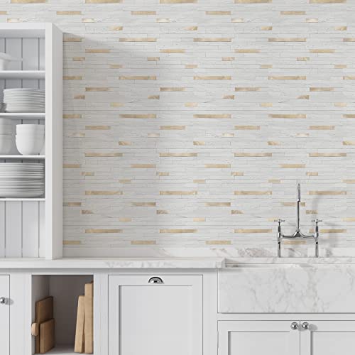 STICKGOO 20 Sheets Peel and Stick Backsplash Tile, Stick on Backsplash for Kitchen and Bathroom, White Sandstone Look PVC Mixed Metal Gold Self Adhesive Wall Tiles - color: White Sandstone + Metal Gold