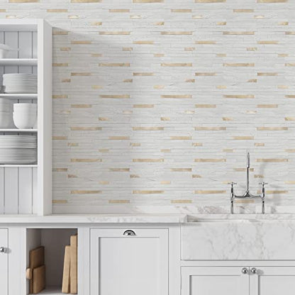 STICKGOO 20 Sheets Peel and Stick Backsplash Tile, Stick on Backsplash for Kitchen and Bathroom, White Sandstone Look PVC Mixed Metal Gold Self Adhesive Wall Tiles - color: White Sandstone + Metal Gold