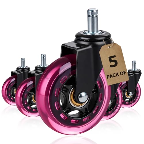 Dark Pink Office Chair Wheels, 3 Inch Heavy-Duty Rubber Wheels for Office Chairs, Computer Gaming Desk Wheels Smooth Rolling for Hardwood Carpet Tile Floors, 11 * 22mm - color: Pink Black