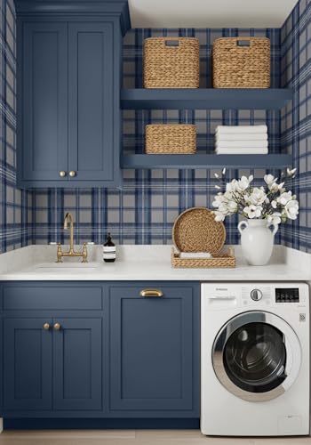 NextWall Harry & Grace Herringbone Plaid Premium Matte Non-Woven Peel and Stick Wallpaper (Blue Smoke) - color: Blue Smoke