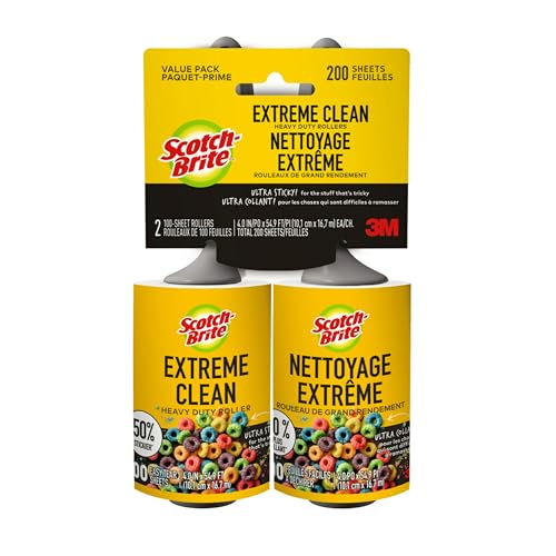 Scotch-Brite Extreme Clean Lint Roller, 50% Stickier, Heavy Duty Pet Hair and Debris Remover, 4 in x 54.9 ft Each, 4 Pack, 400 Easy Tear Sheets Total - size: 4 Rollers (400 Sheets)