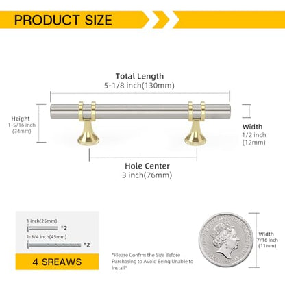 Rergy 10 Pack 3 Inch Hole Center Brushed Nickel and Gold Cabinet Pulls - color: Brushed Nickel&Gold, size: 3in Hole Center(76mm)