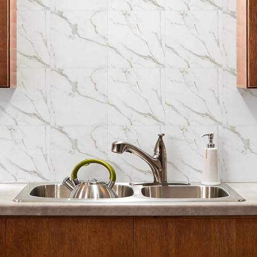 Peel and Stick Backsplash Tiles, 10pcs 12"x12" White Marble Wall Tiles - color: White, Grey and Gold