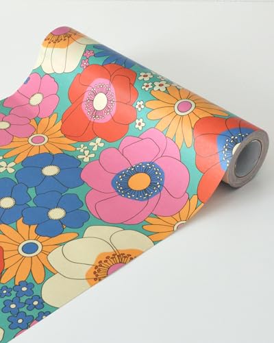 Retro Groovy Floral Peel and Stick Wallpaper Removable Boho 70s 9in×19.7ft - color: Light Blue/Colorful