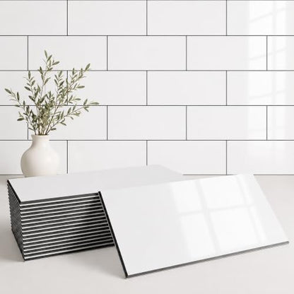 StyloVue 100 Pieces Peel and Stick Backsplash for Kitchen, 3" x 6" PVC Subway Tile, Glossy White with Dark Gray Grout, Self Adhesive Stick on Wall Tiles for Kitchen, Bathroom, Fireplace, RV - color: Glossy White