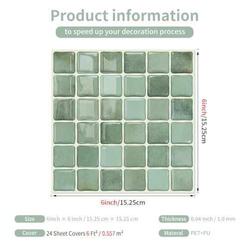 3D Mosaic Peel and Stick DIY Wall Backsplash Tiles (24, Sage Green) - color: Sage Green