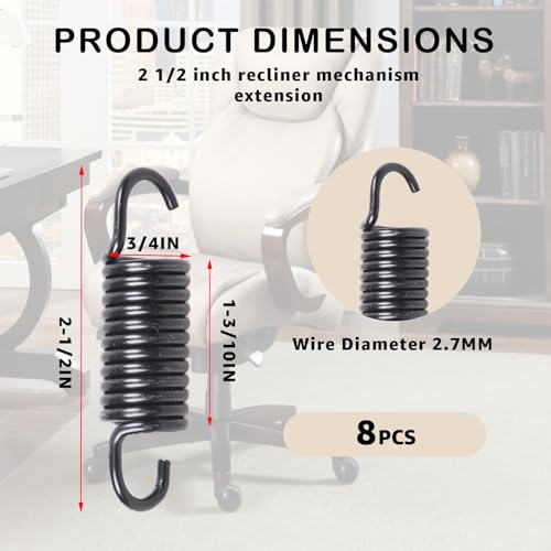 2-1/2 inch Overall Length Spring Furniture Replacement Extension Tension Springs, Fit for Recliner Sofa Trundle Bed Stretch Spring Parts,12 Coils, Black (Pack of 8) - size: 2-1/2 in