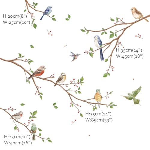 Runtoo Bird on Tree Branch Wall Decals Watercolor Birds Flower Wall Stickers Bedroom Living Room Office Home Decor