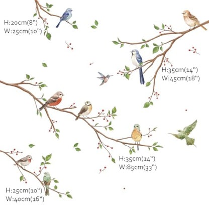 Runtoo Bird on Tree Branch Wall Decals Watercolor Birds Flower Wall Stickers Bedroom Living Room Office Home Decor