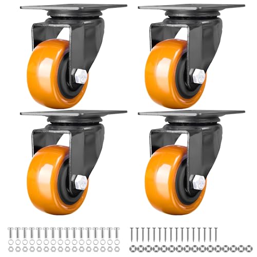 Finnhomy Swivel Casters Wheels Set of 4 Heavy Duty Plate Casters 2 Inch Premium Polyurethane PU Wheels for Furniture/Workbench Load Bearing 800 Lbs Anti-wear Smooth Casters Orange (Free Screws) - style: 2" (No Brake)