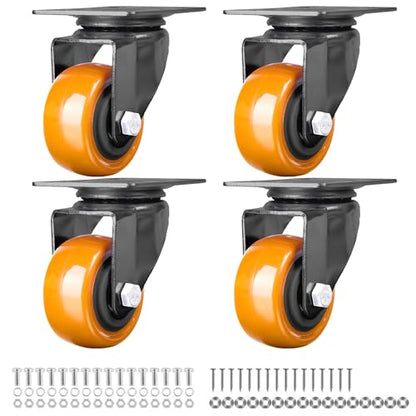 Finnhomy Swivel Casters Wheels Set of 4 Heavy Duty Plate Casters 2 Inch Premium Polyurethane PU Wheels for Furniture/Workbench Load Bearing 800 Lbs Anti-wear Smooth Casters Orange (Free Screws) - style: 2" (No Brake)